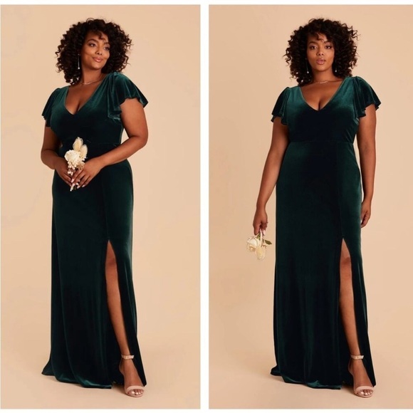 Birdy Grey Hannah Velvet Gown Dress Emerald Green Double V neck Flutter Sleeve - Picture 1 of 13